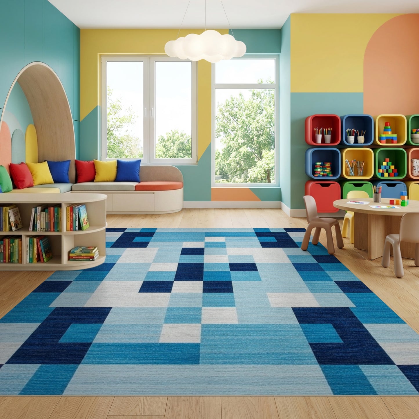 Modern Navy White Geometric Blocks Rug