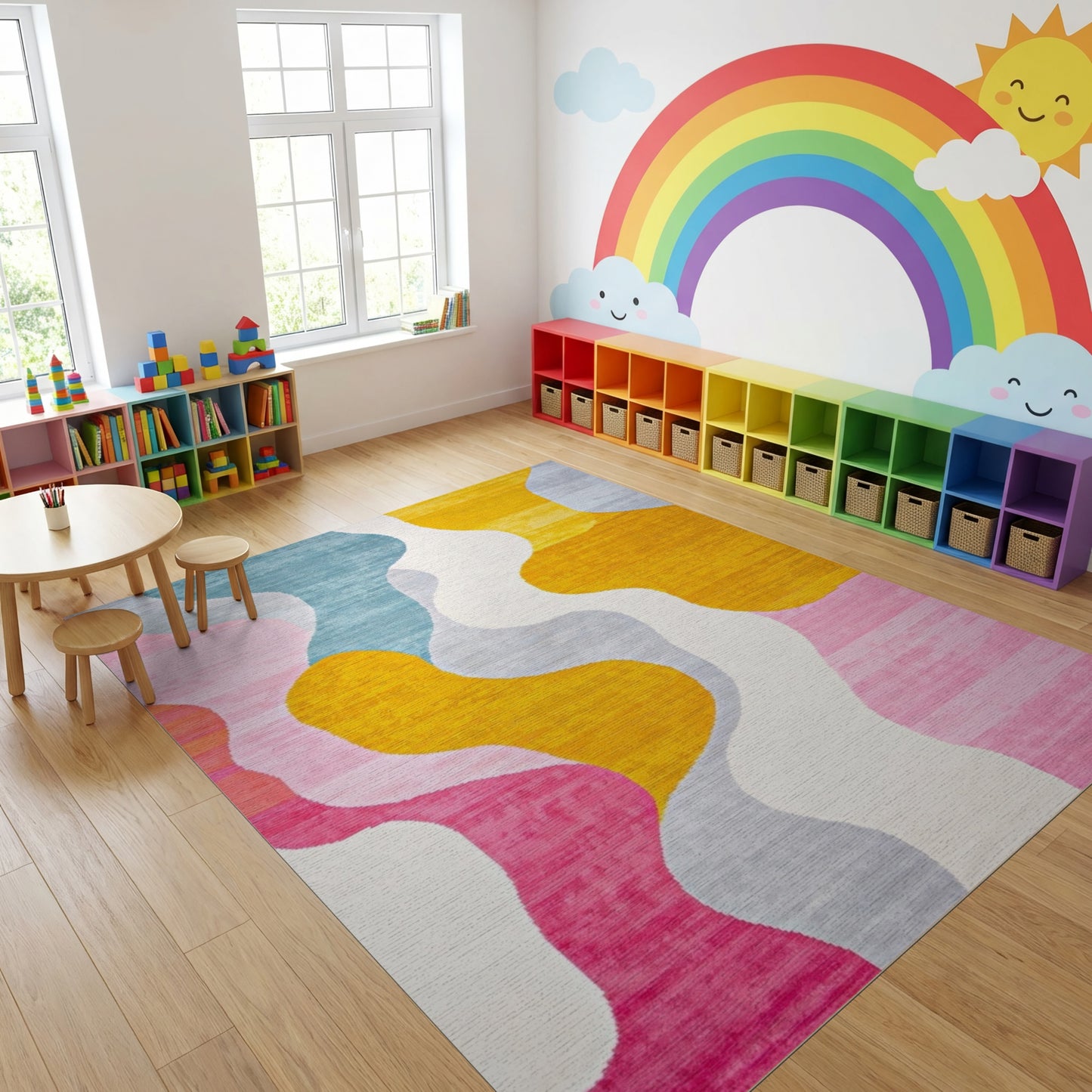 Vibrant Teal Pink Yellow Wavy Rug