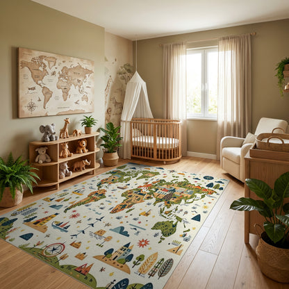 Whimsical Illustrated World Map Rug
