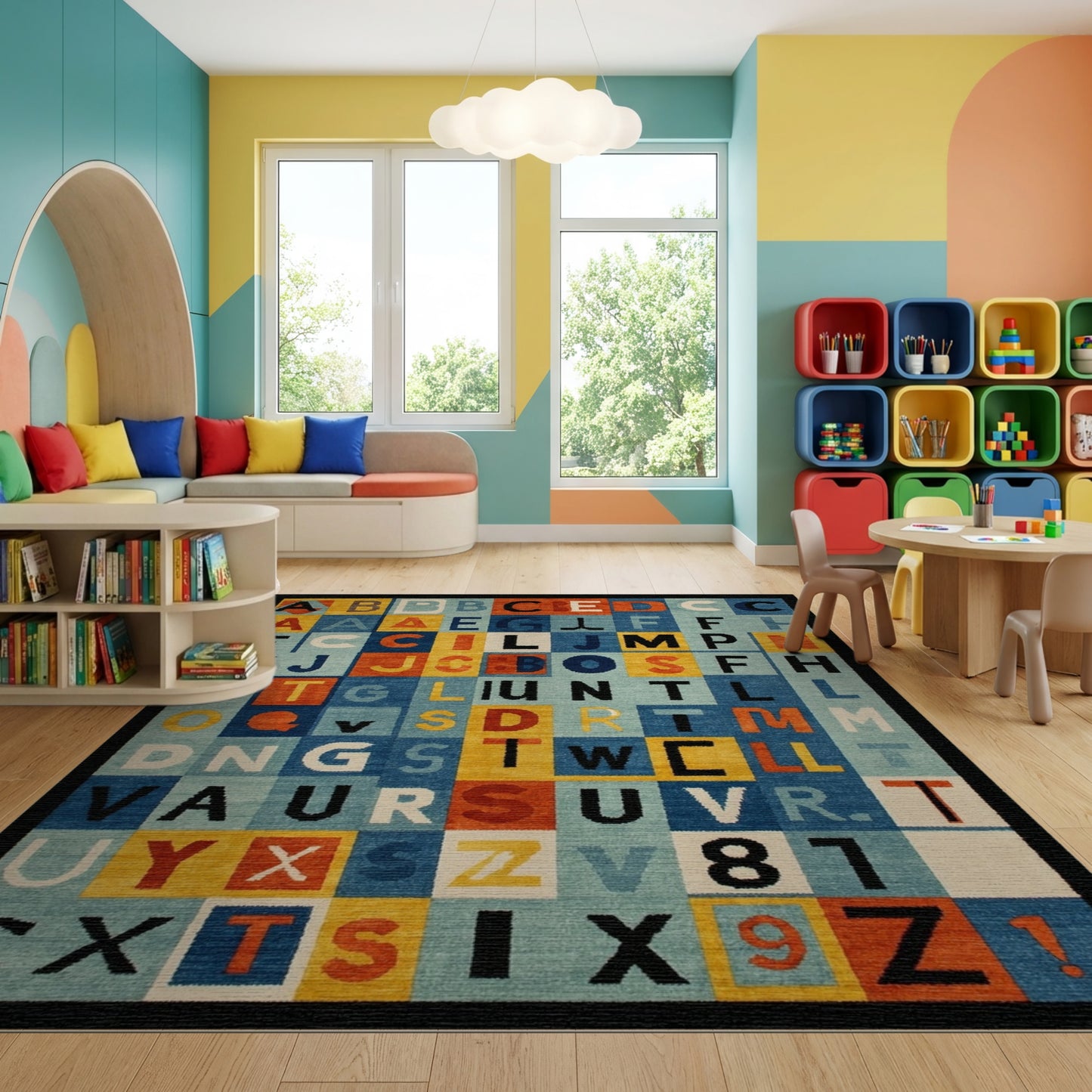 Playful Multicolored Alphabet Grid Rug