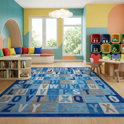 Navy Blue Alphabet Grid Rug