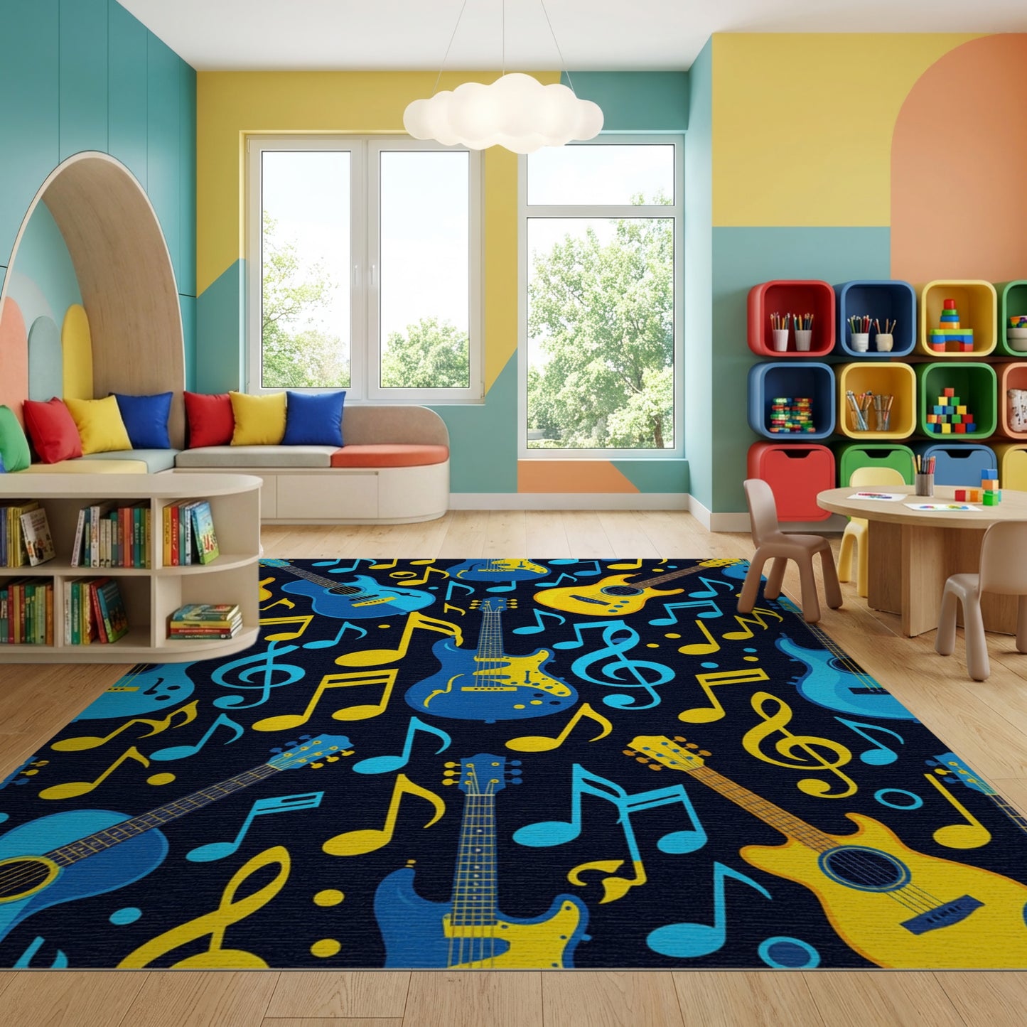 Vibrant Electric Guitars Notes Navy Rug