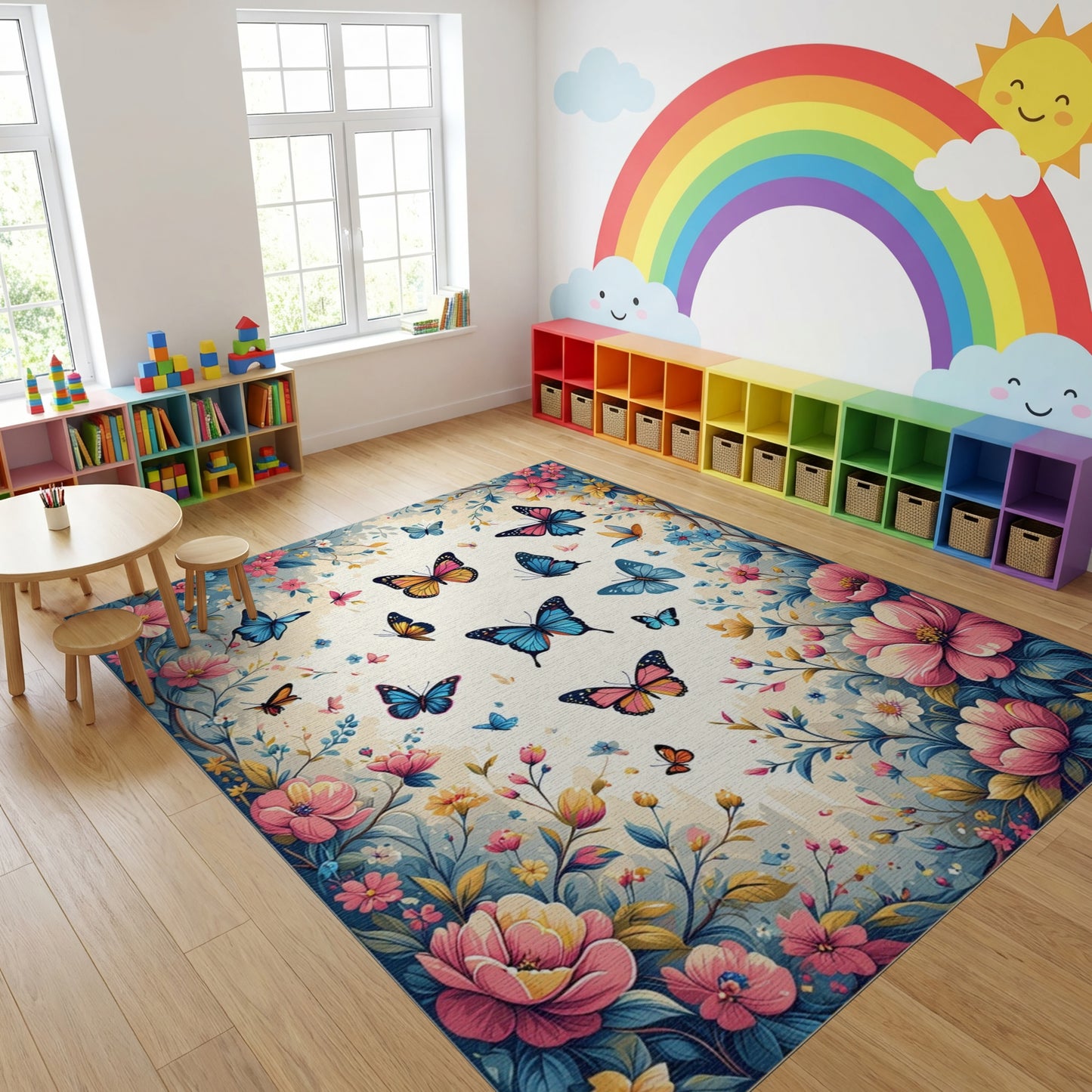Pink Blue Butterfly Floral Whimsical Rug