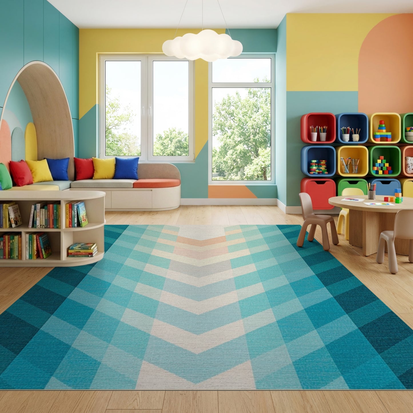 Modern Teal Chevron Gradient Rug