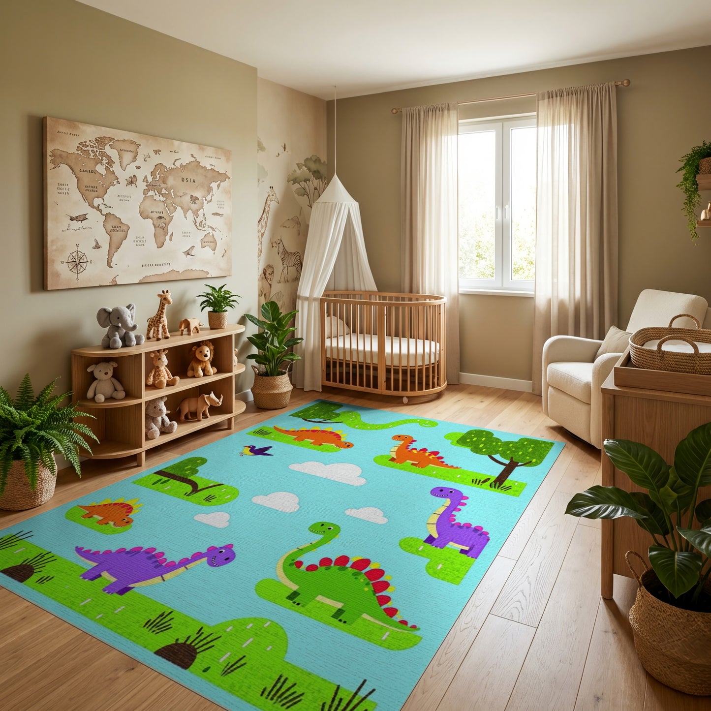 Whimsical Colorful Dinosaurs Trees Clouds Rug