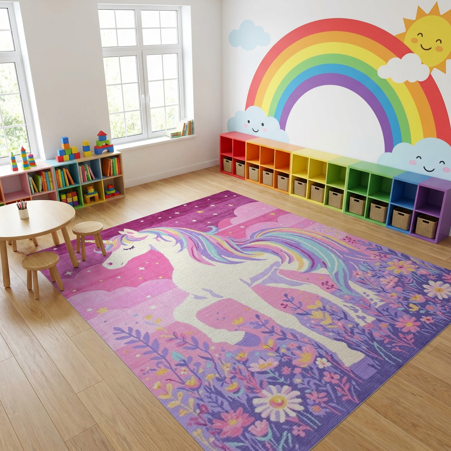 Whimsical Purple Unicorn Rainbow Stars Rug