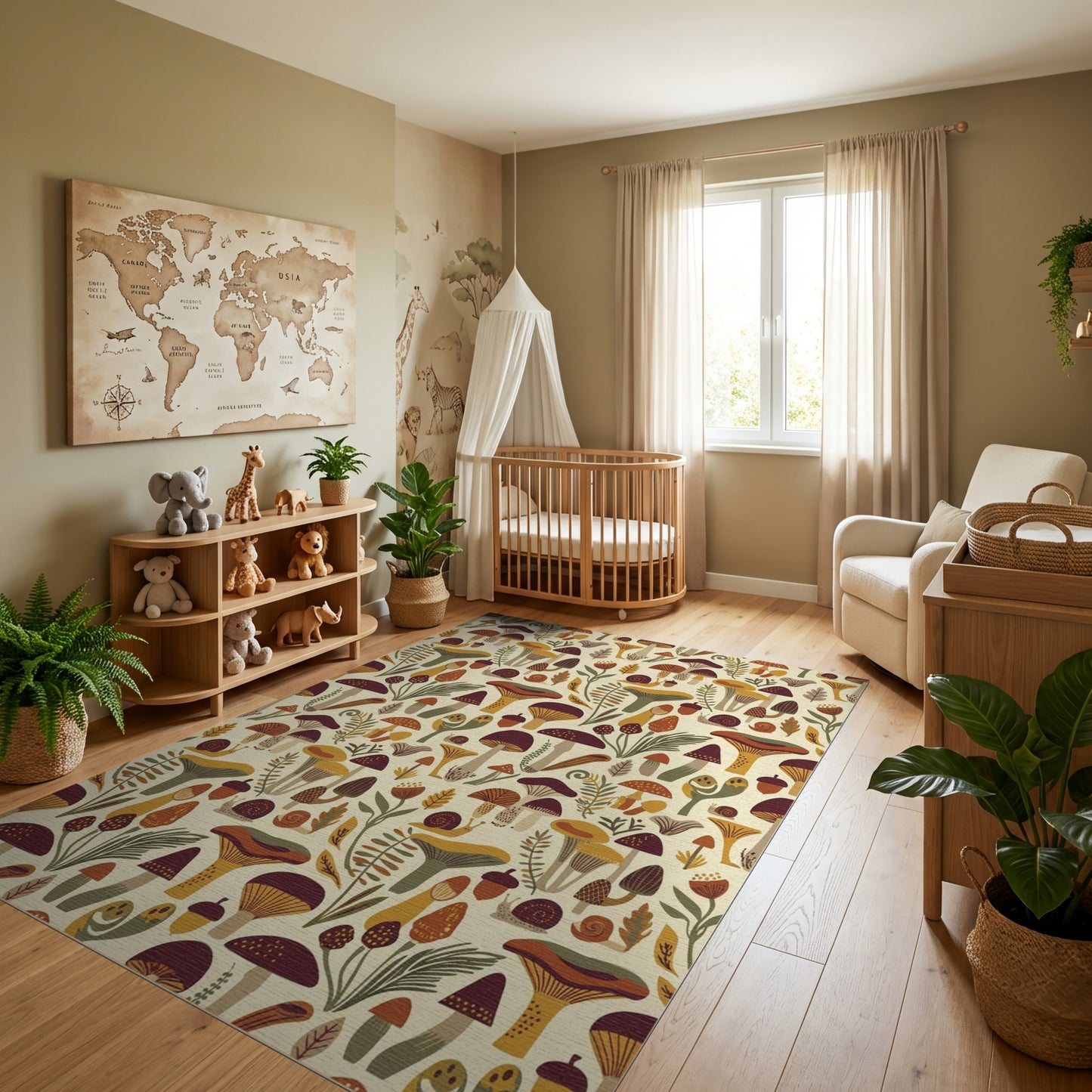 Whimsical Mushroom Fern Acorn Snail Rug