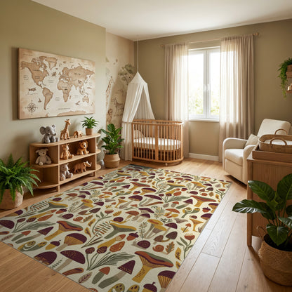 Whimsical Mushroom Fern Acorn Snail Rug