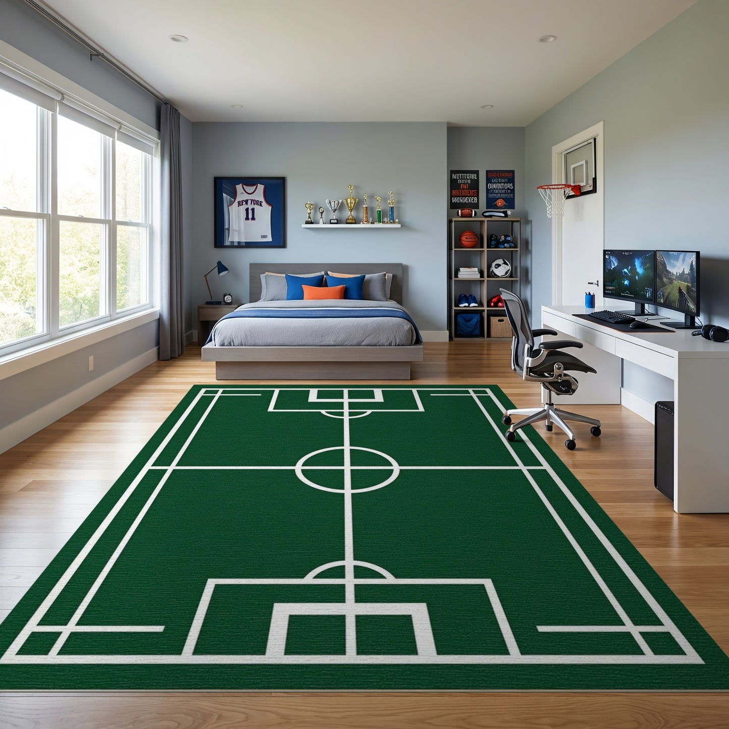Green Soccer Field White Lines Rug