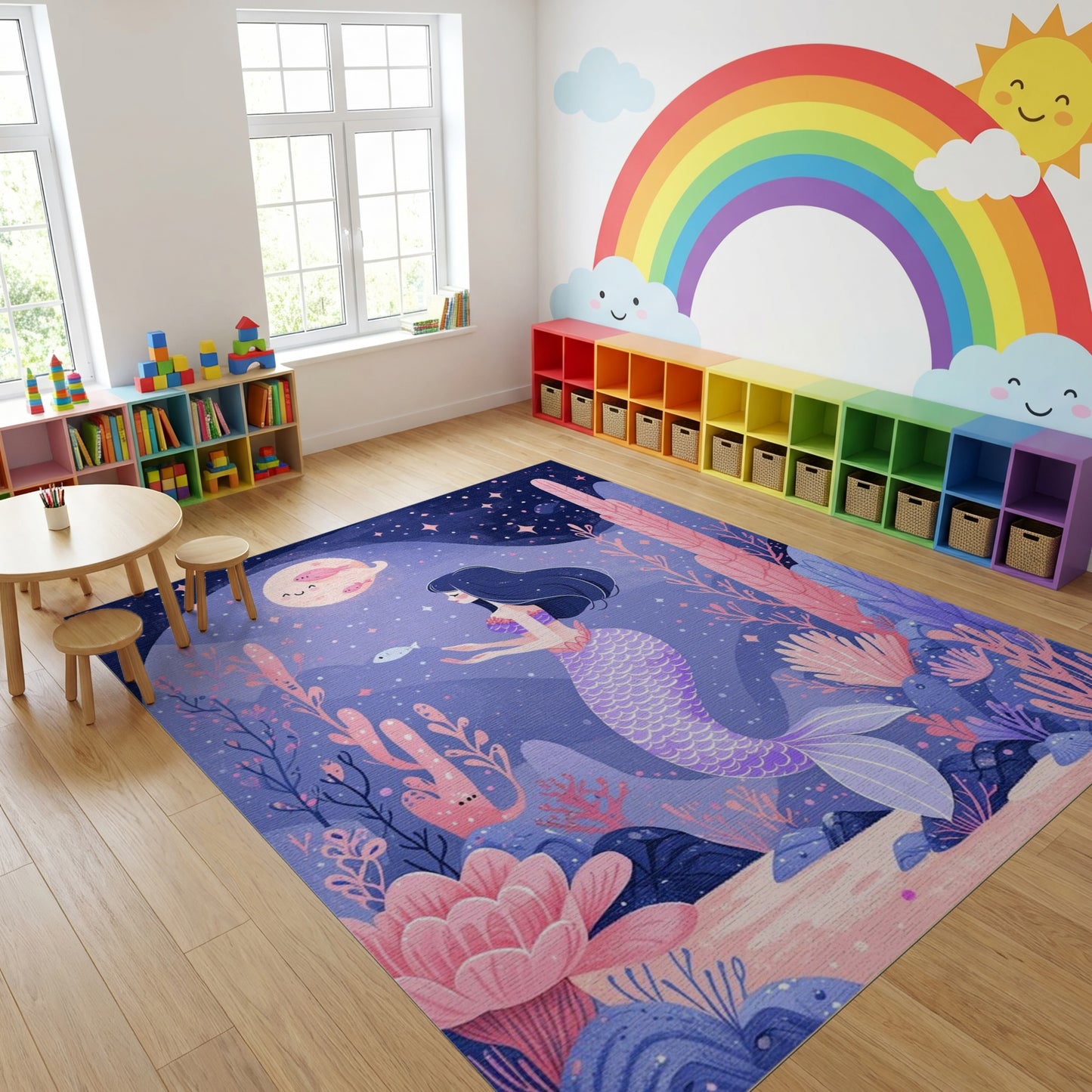 Whimsical Purple Mermaid Coral Stars Rug
