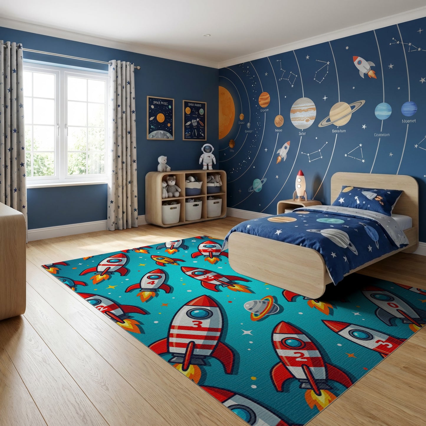 Vibrant Red Rockets Stars Whimsical Rug