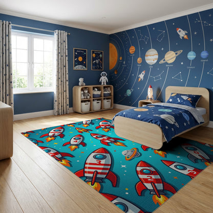 Vibrant Red Rockets Stars Whimsical Rug
