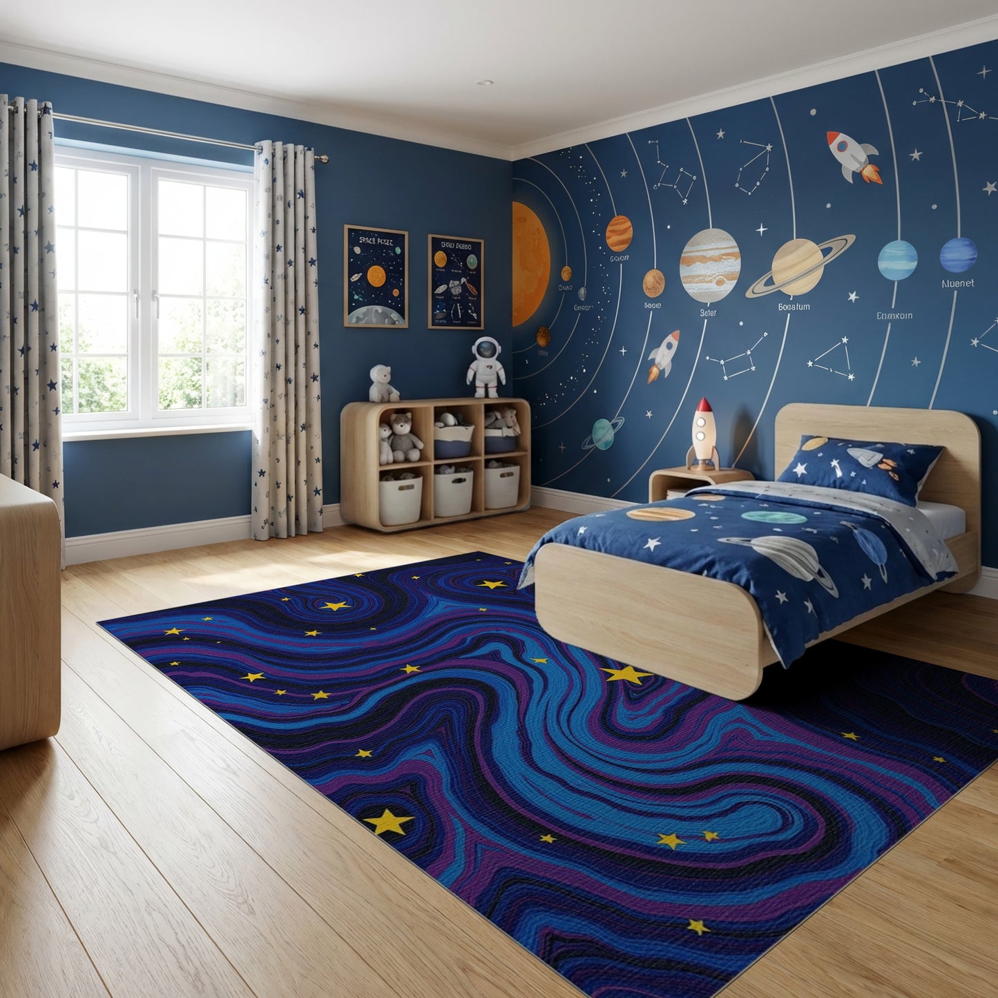 Swirling Yellow Stars Deep Blue Rug 2