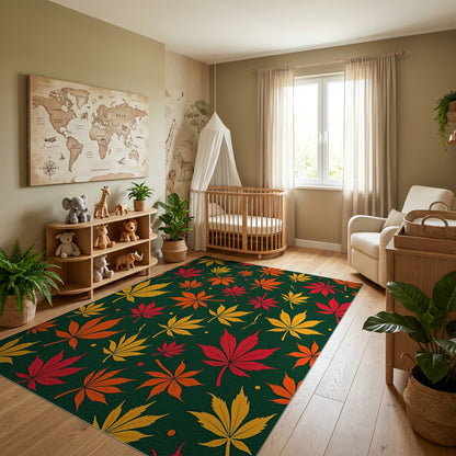 Vibrant Yellow Orange Red Leaves Green Rug