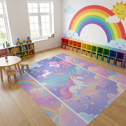 Whimsical Unicorn Rainbow Stars Clouds Rug