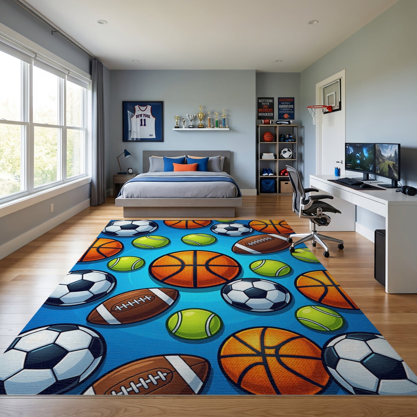 Vibrant Soccer Basketball Tennis Football Rug