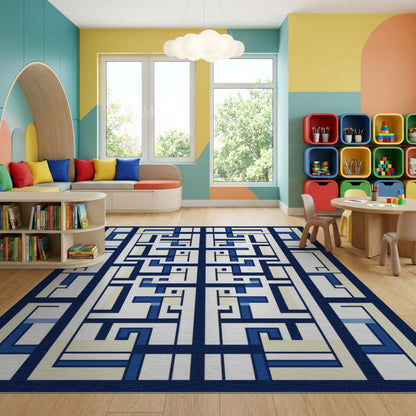 Modern Navy and Cream Lattice Rug