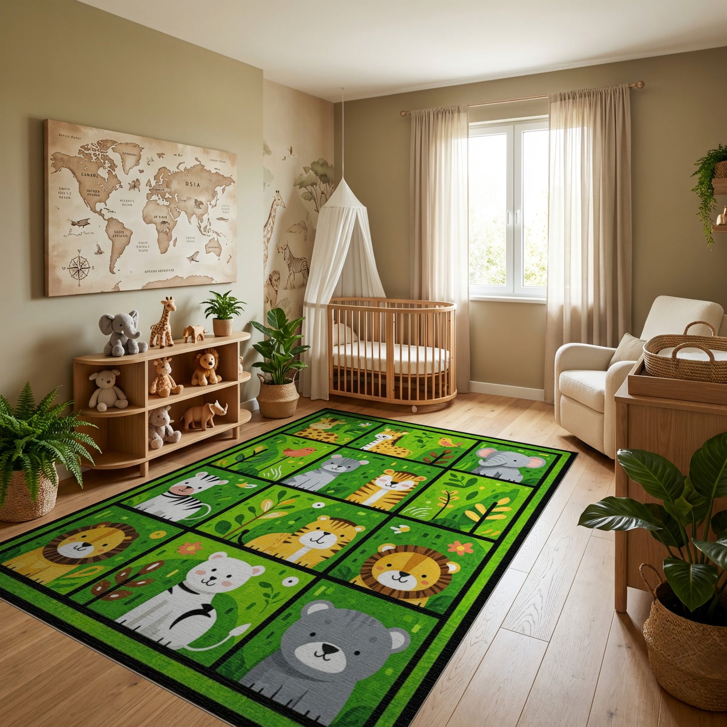 Playful Green Cartoon Jungle Animals Rug