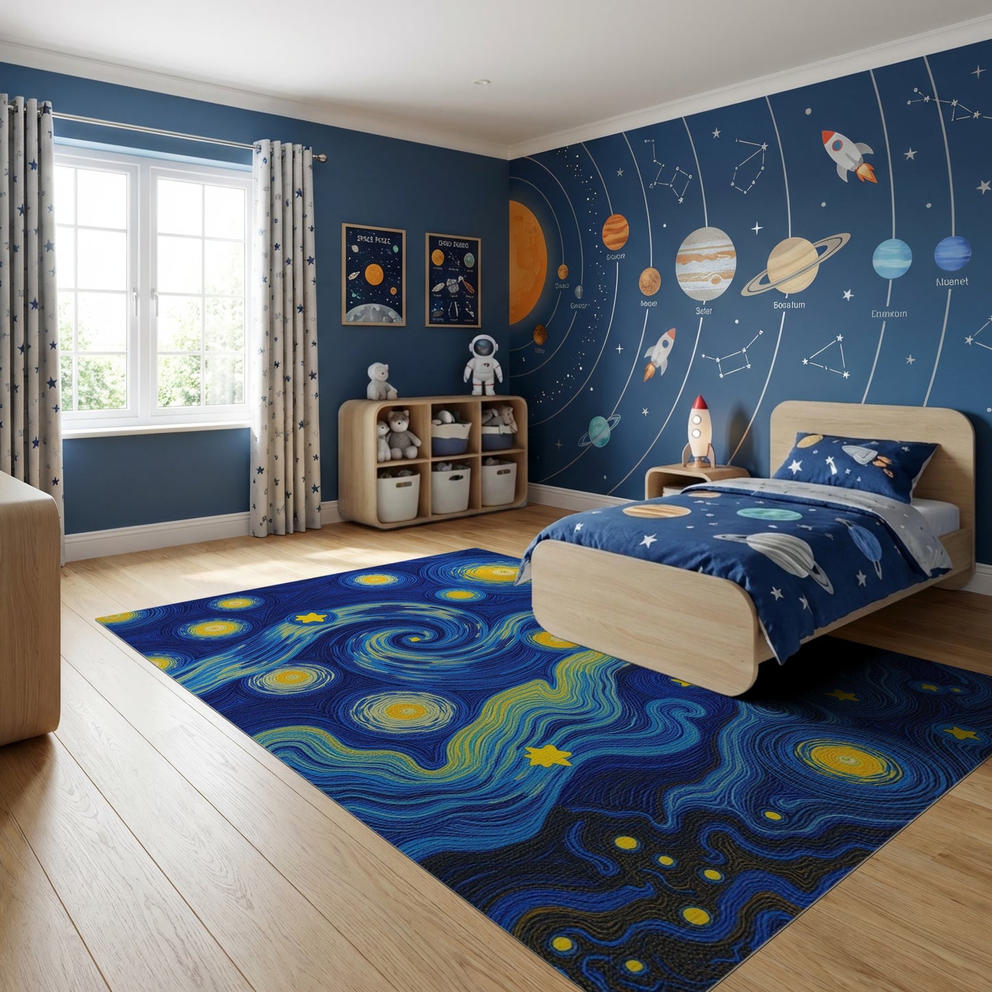 Swirling Glowing Stars Deep Blue Rug