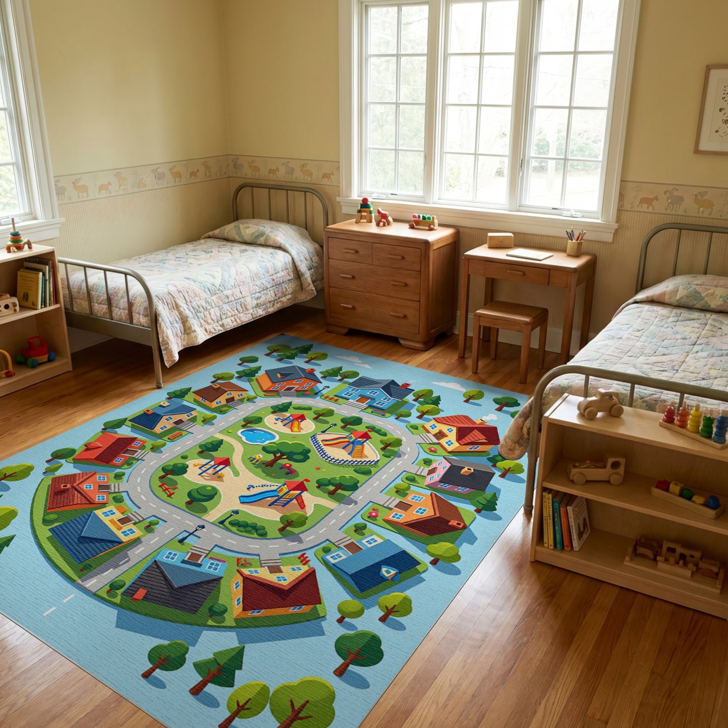 Colorful Whimsical Neighborhood Playground Rug