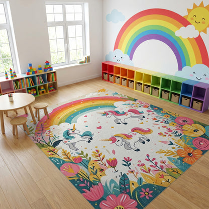 Whimsical Rainbow Unicorns Floral Rug