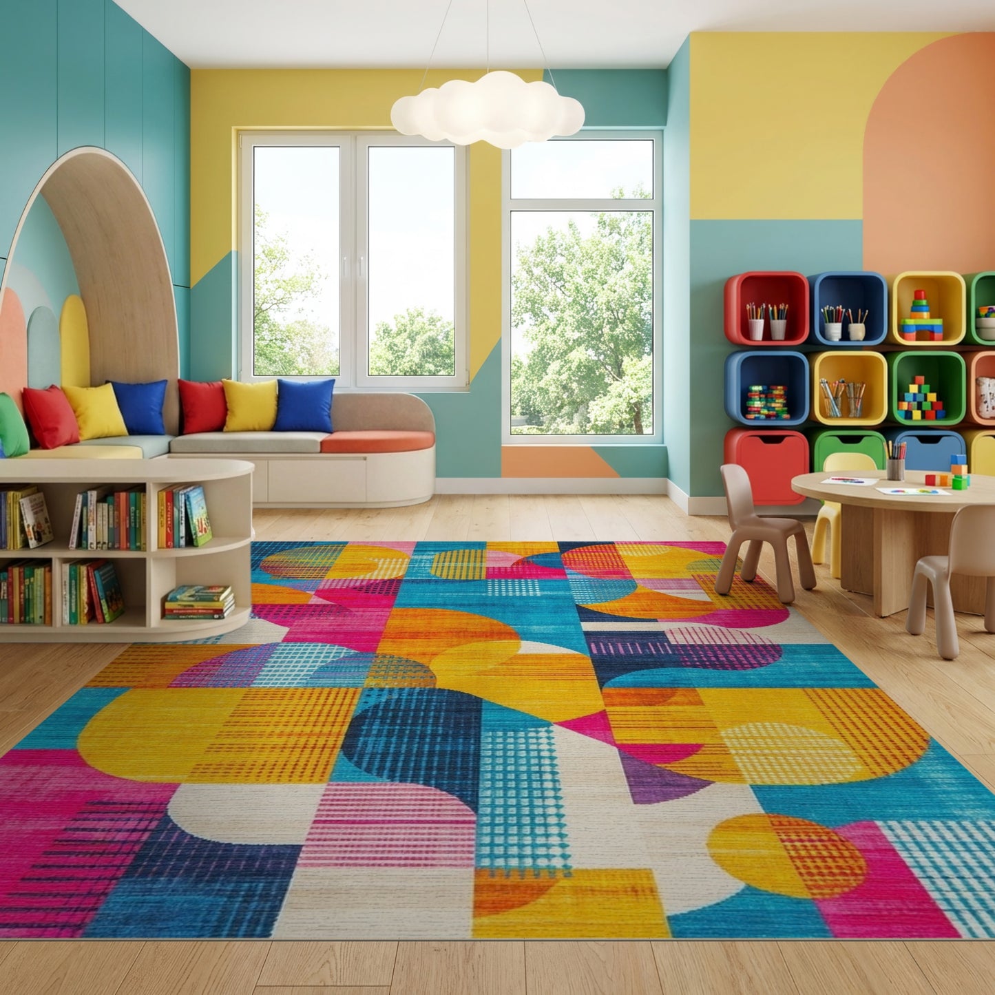 Vibrant Orange Pink Teal Circles Rug