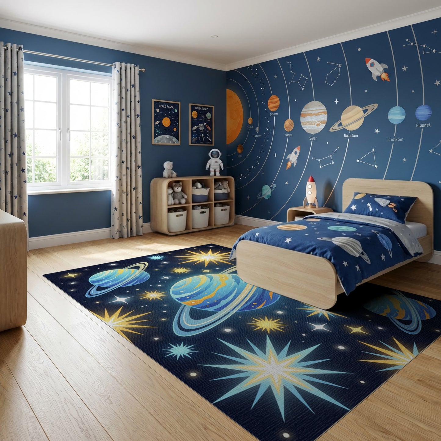 Cosmic Blue Ringed Planets Stars Rug