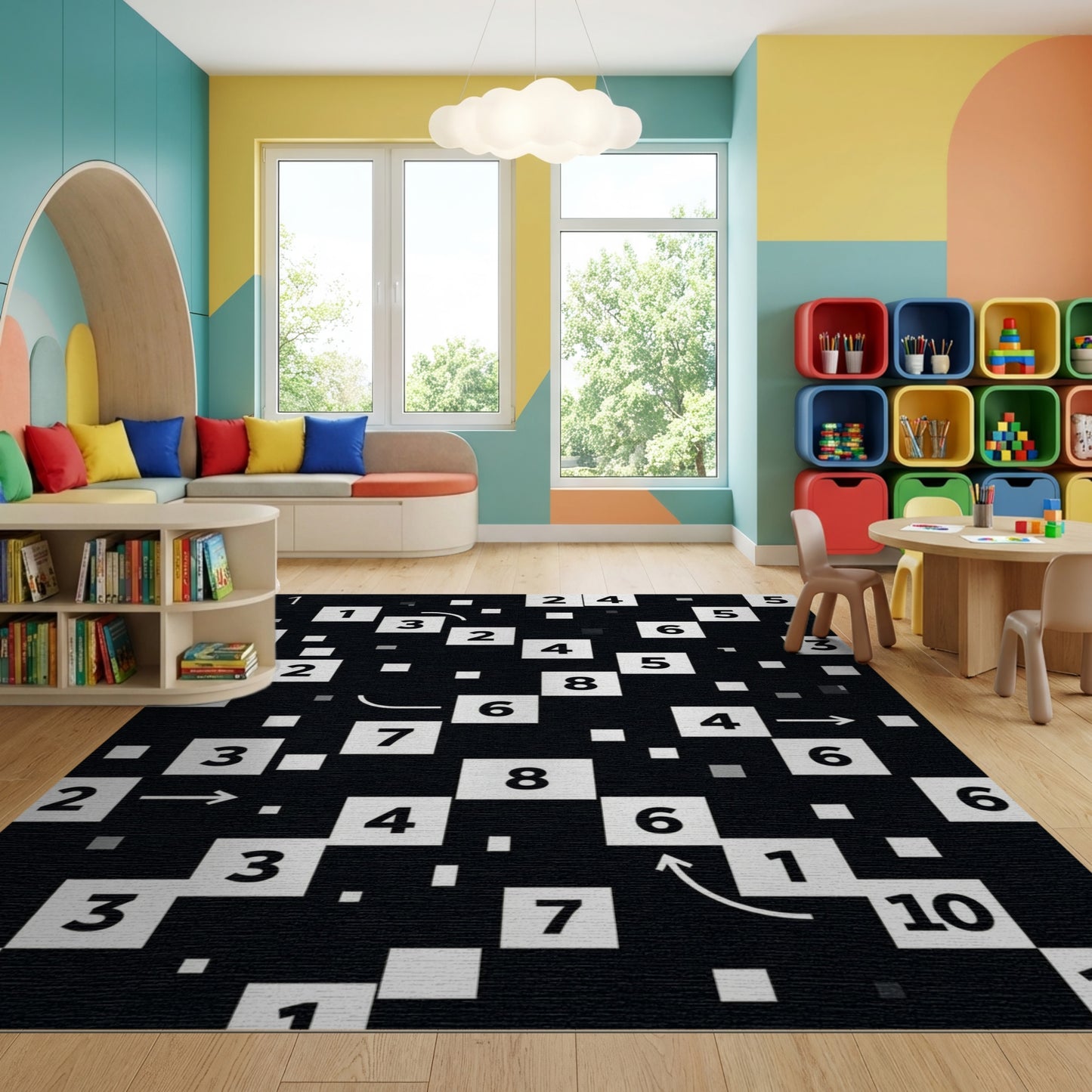 Black White Numeric Arrow Puzzle Rug