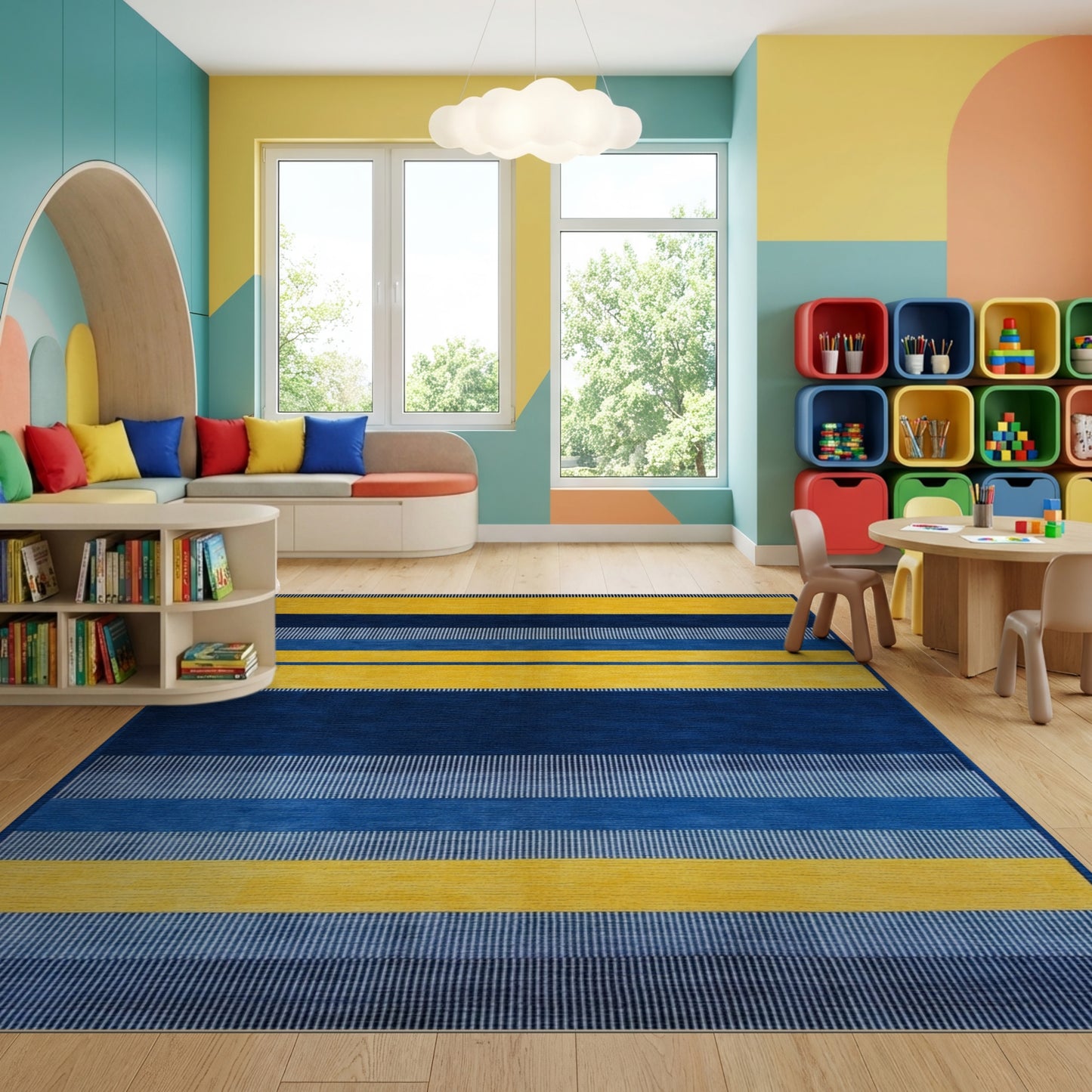 Bold Navy Gold Striped Modern Rug