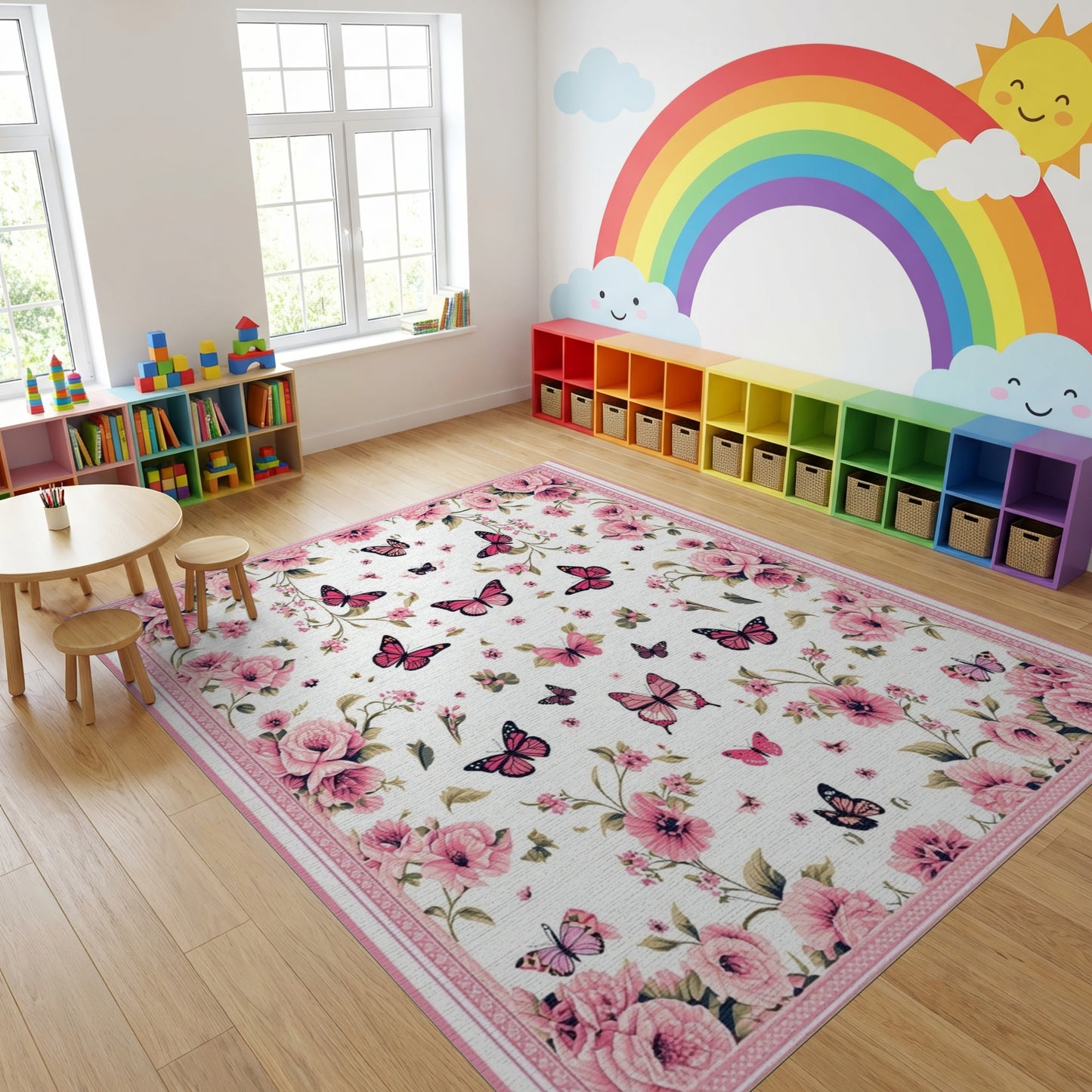 Romantic Pink Roses Butterflies Rug