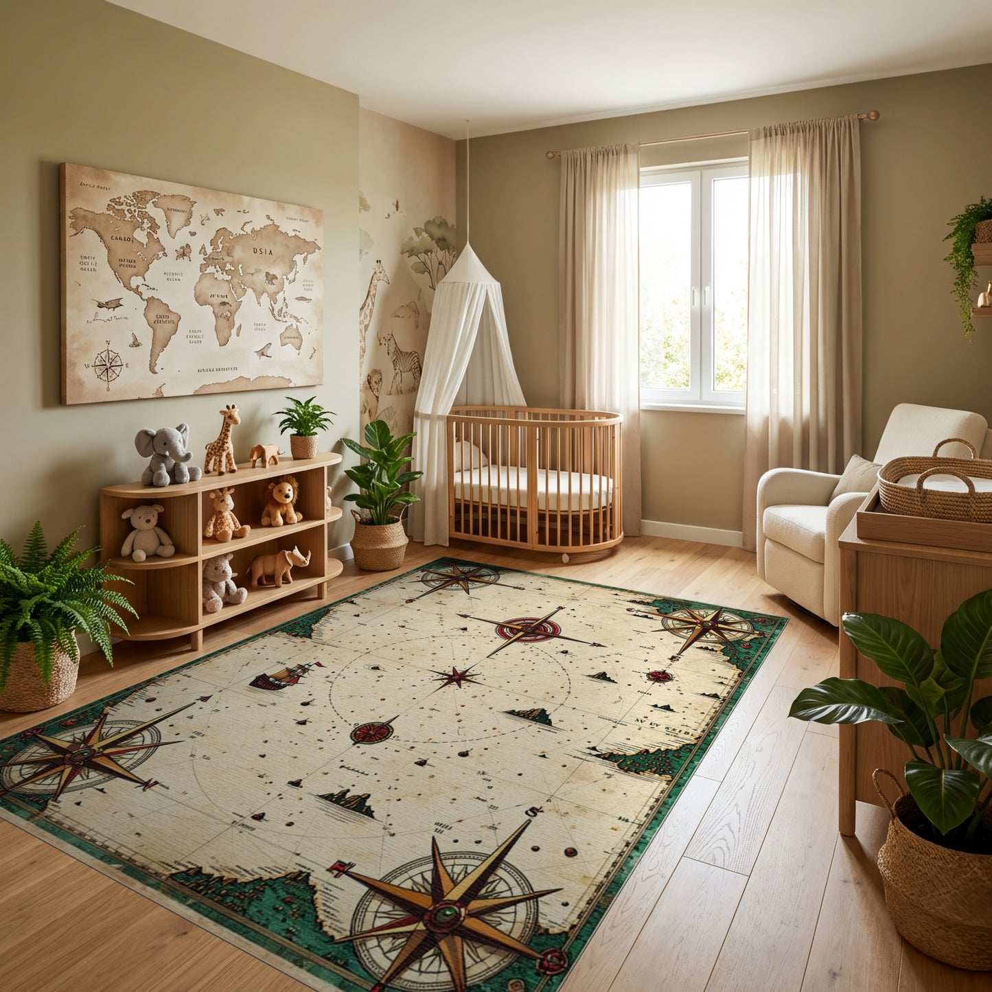 Vintage Nautical Compass Map Rug