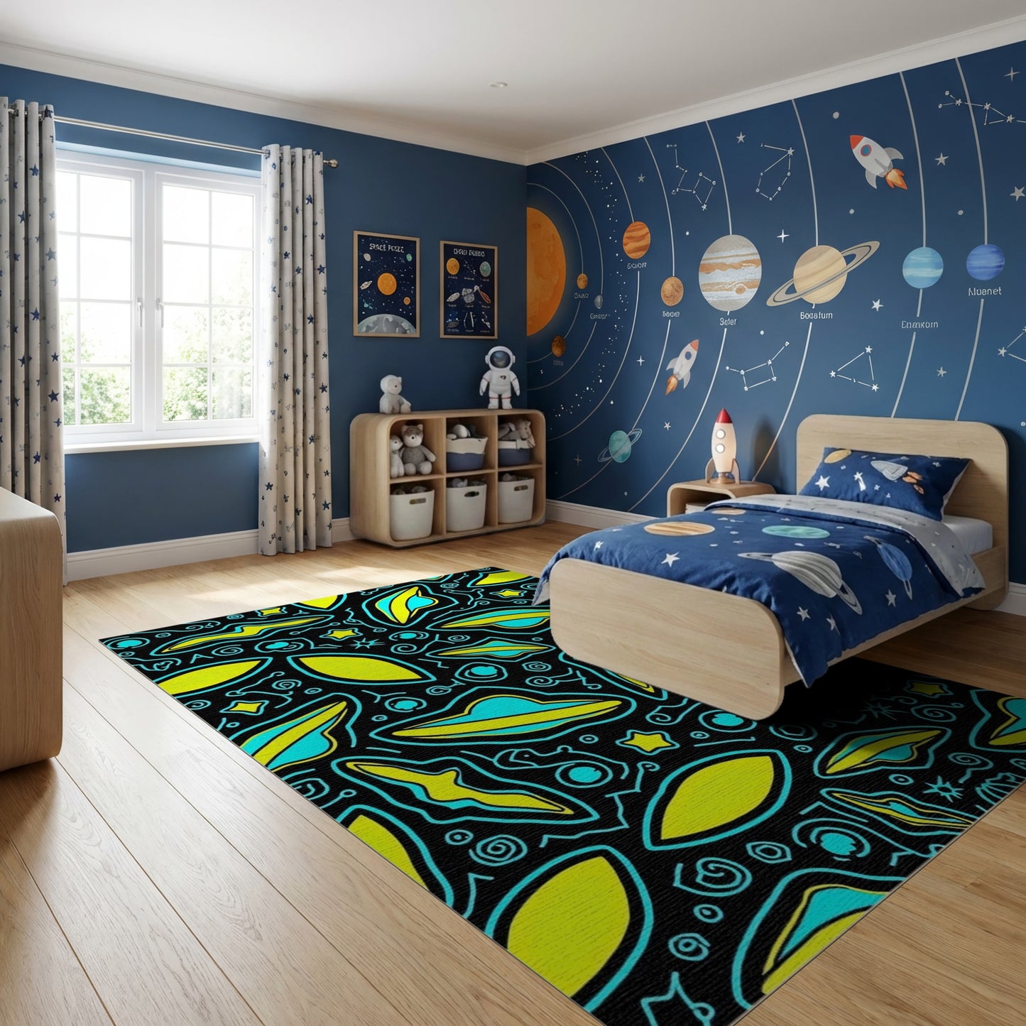 Black Yellow Teal UFO Stars Whimsical Rug