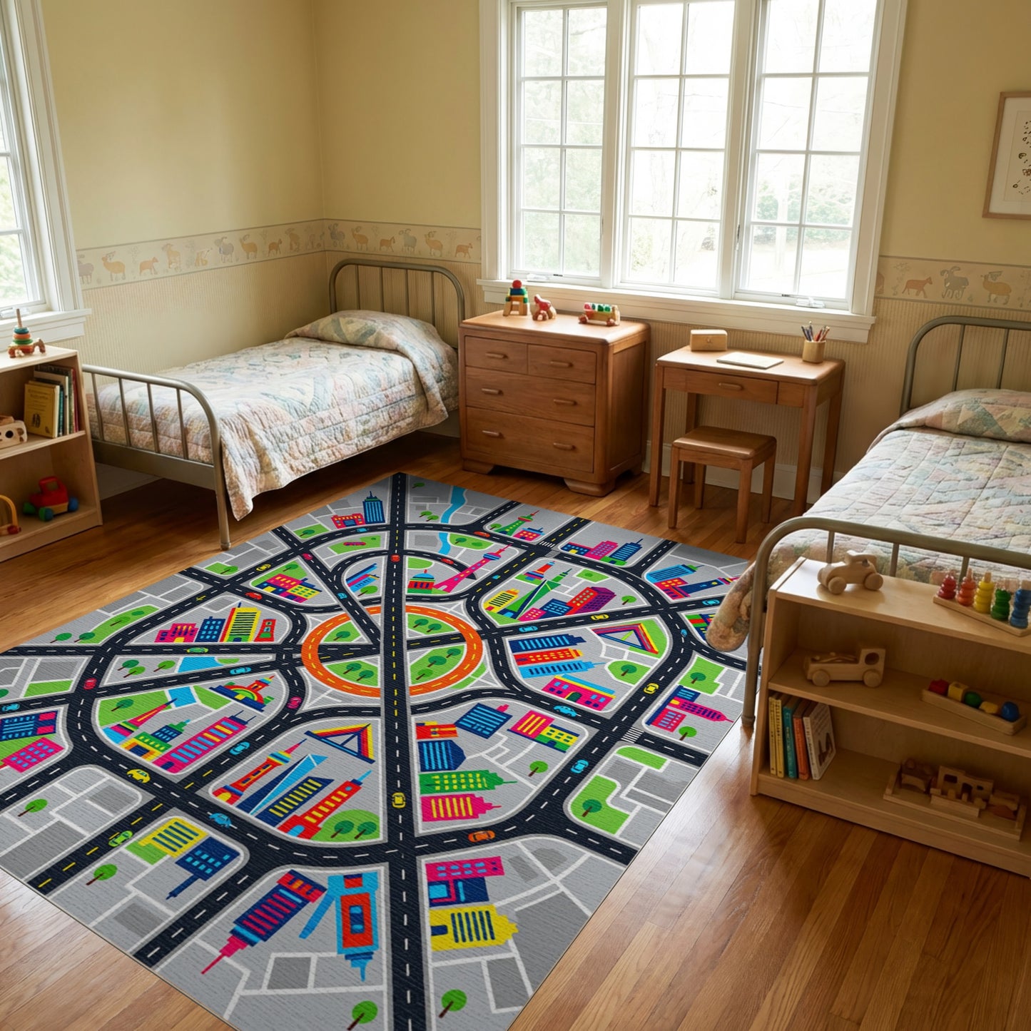 Vibrant City Streets Skyscrapers Rug