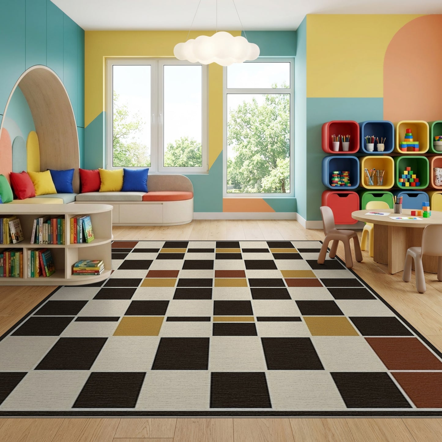 Geometric Rust Gold Black Grid Rug