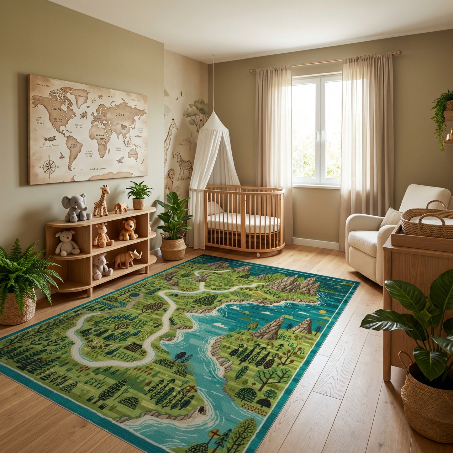 Whimsical Teal Mountain River Forest Path Rug