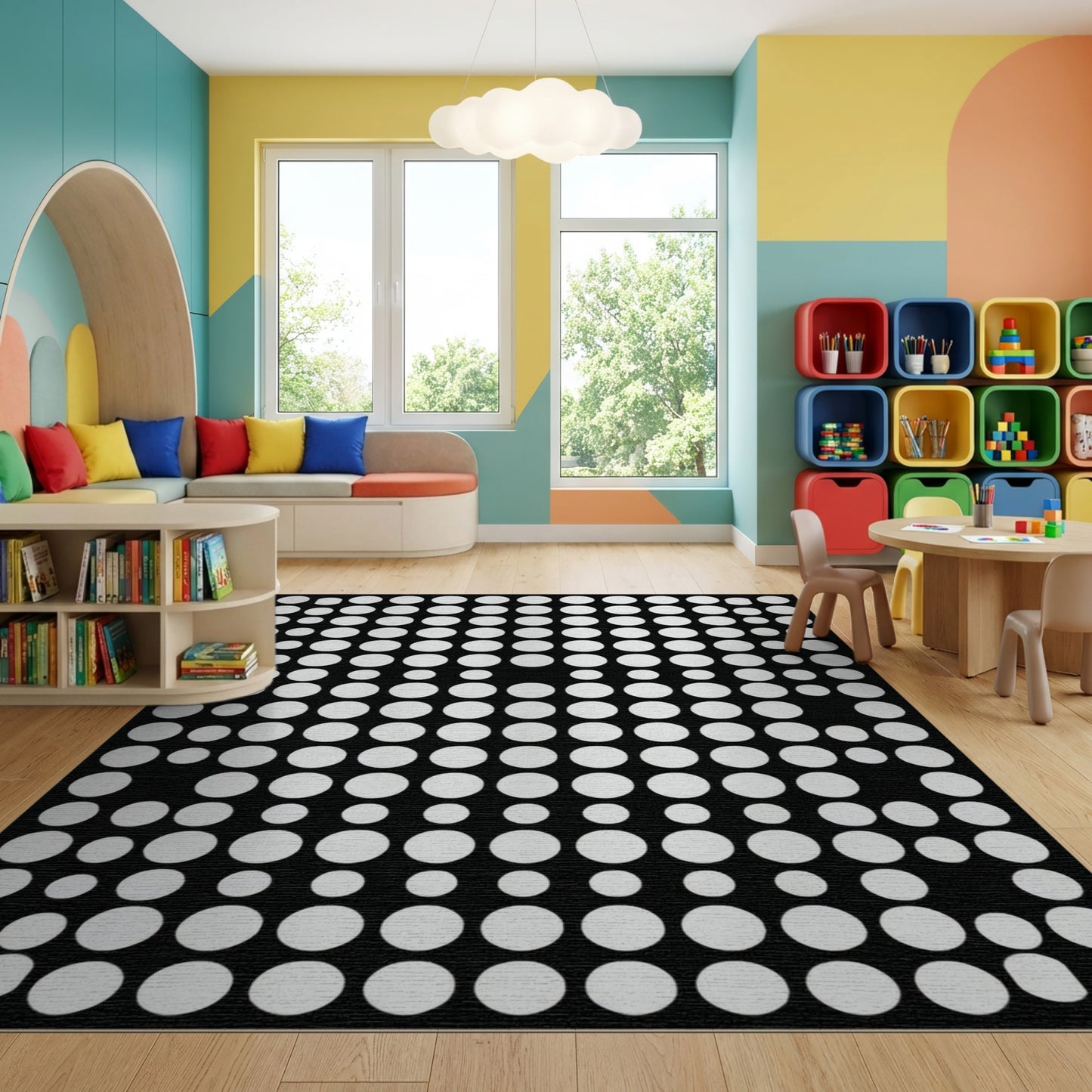 Modern Black White Dot Grid Rug