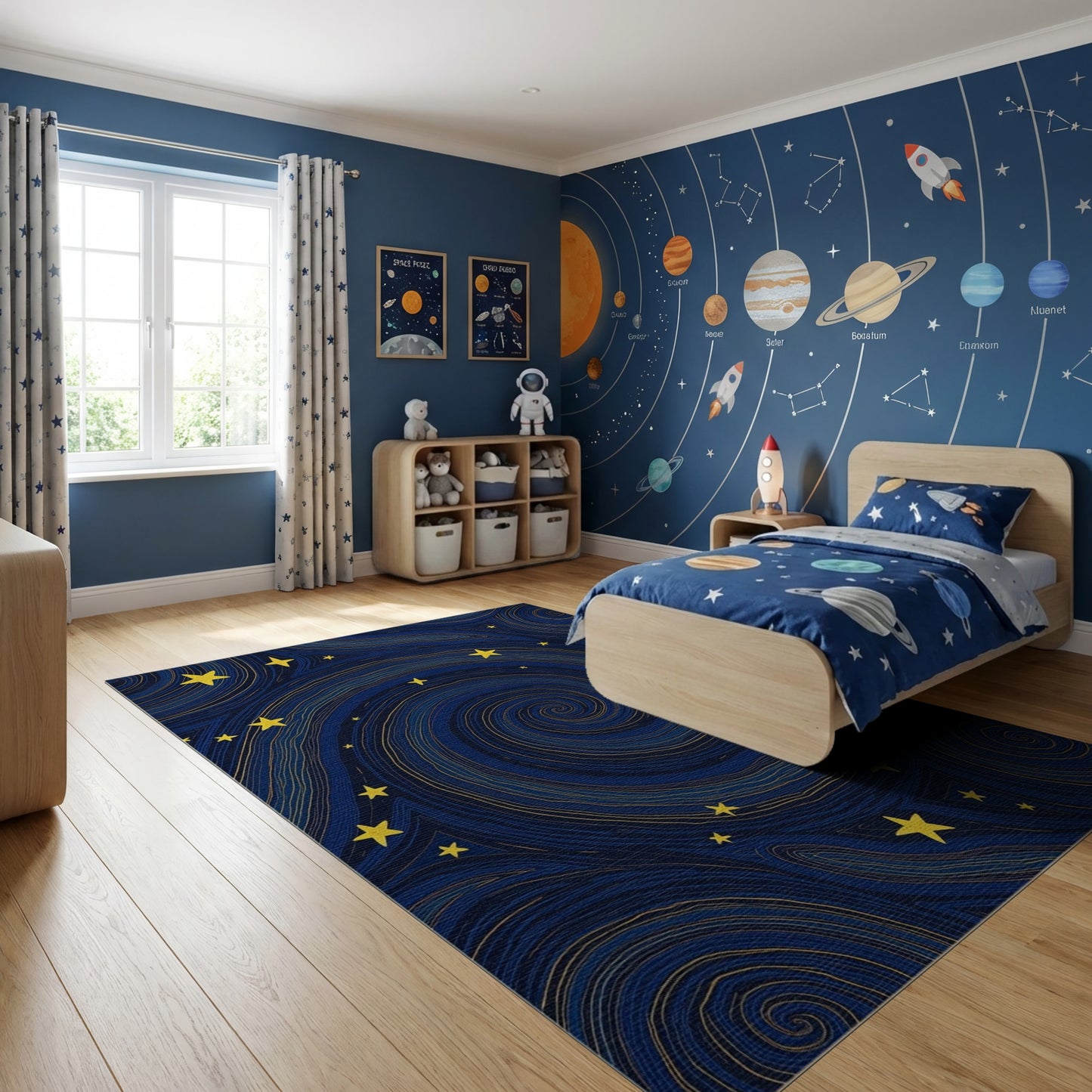 Navy Swirling Spirals Golden Stars Rug