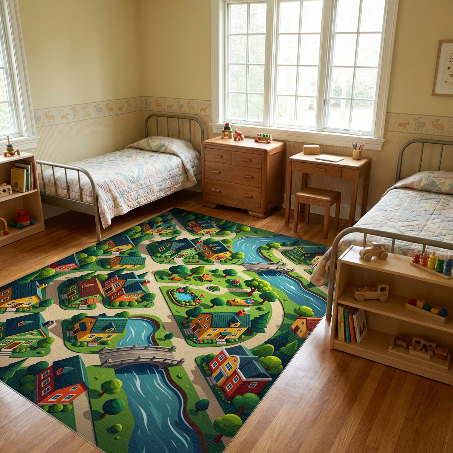 Whimsical Colorful Village River Forest Rug