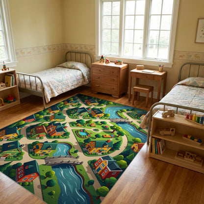 Whimsical Colorful Village River Forest Rug