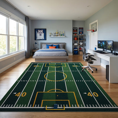 Green Turf Soccer Field Lines Rug