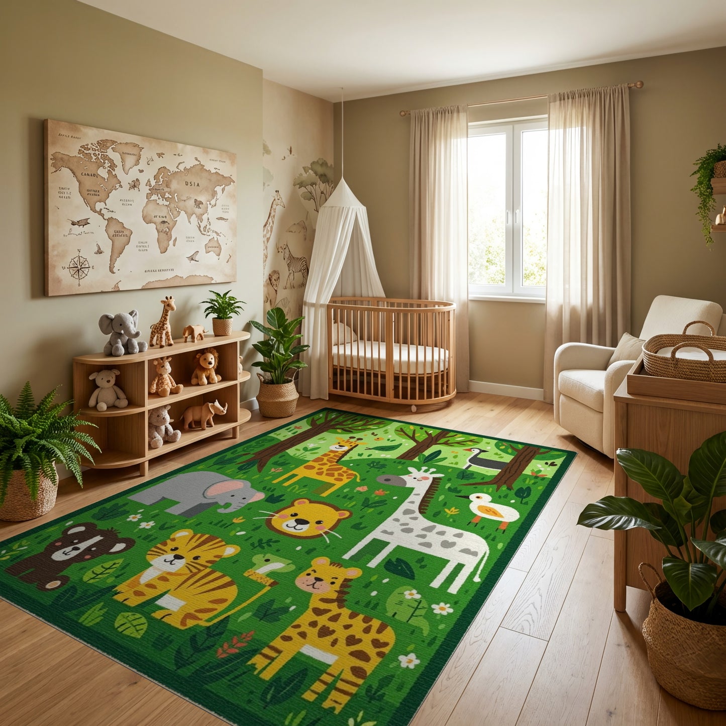Whimsical Forest Animals Vibrant Green Rug