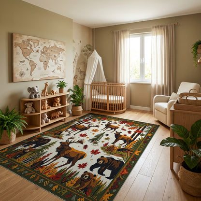 Rustic Autumn Elk Bear Forest Rug