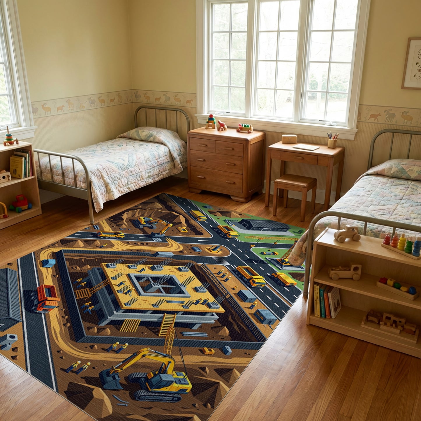 Vibrant Isometric Construction Site Rug