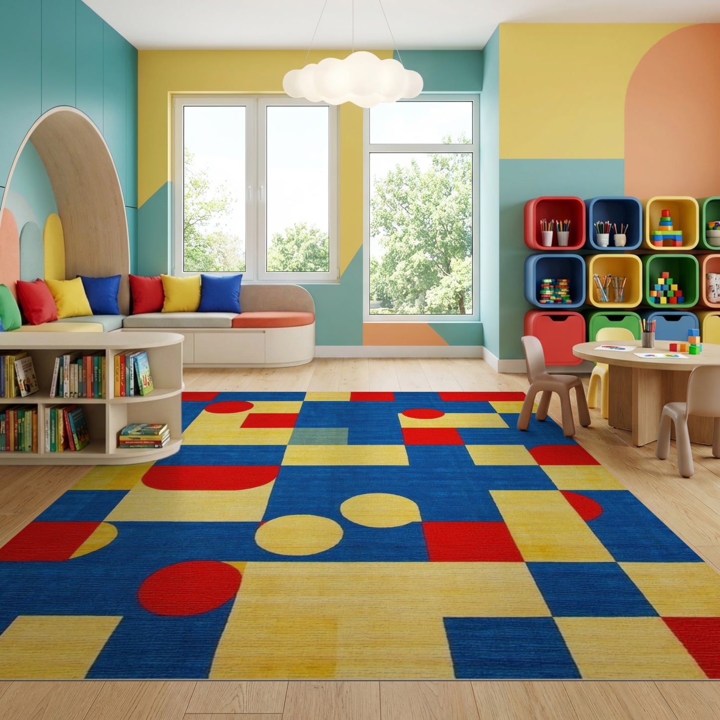 Bold Red Yellow Blue Geometric Shapes Rug