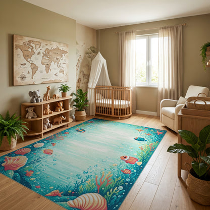 Whimsical Teal Coral Fish Reef Rug