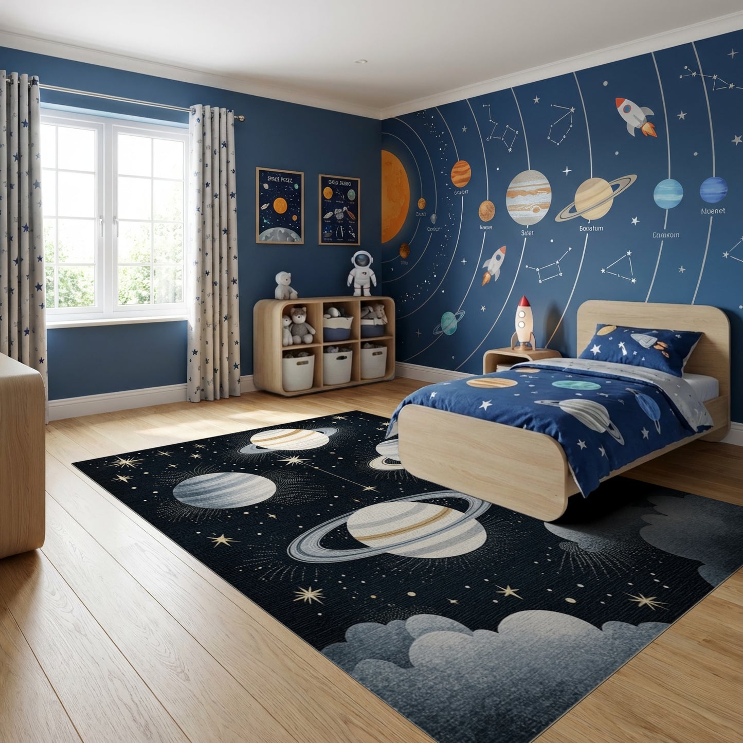 Starry Ringed Planets Gold Cosmic Rug