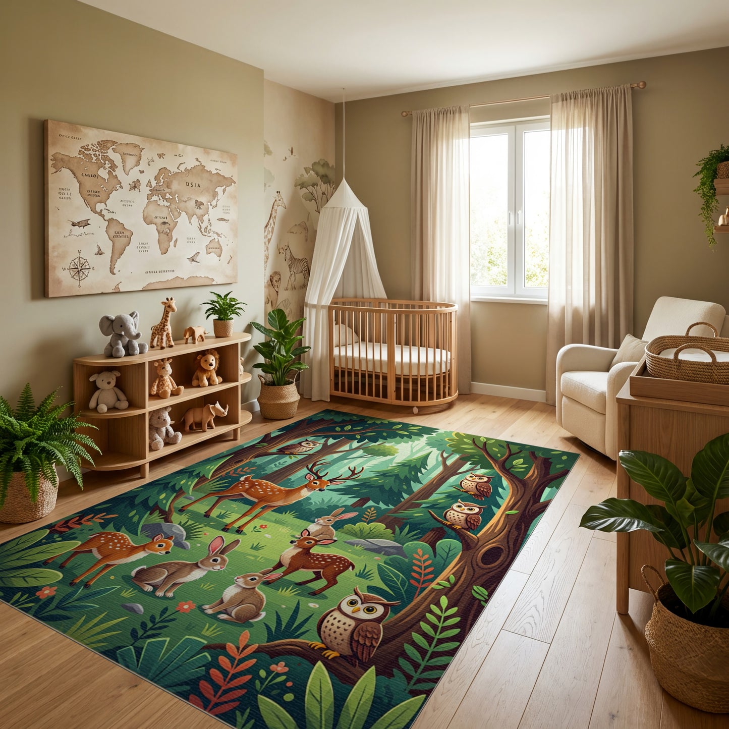 Whimsical Forest Deer Owls Rabbits Rug