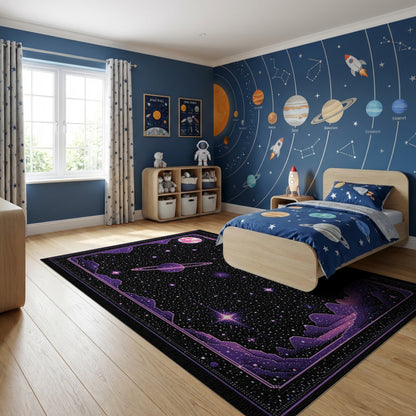 Cosmic Purple Starry Ringed Planet Rug
