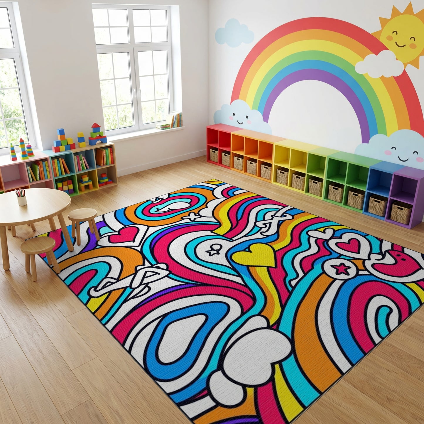 Vibrant Rainbow Wavy Hearts Stars Rug