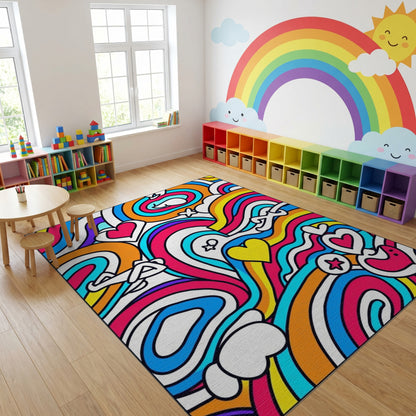 Vibrant Rainbow Wavy Hearts Stars Rug
